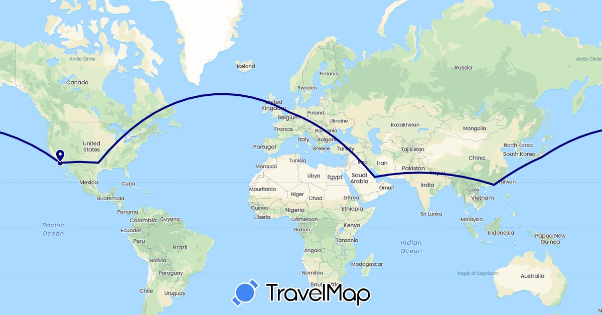 TravelMap itinerary: driving in Bahrain, China, Japan, Netherlands, United States (Asia, Europe, North America)